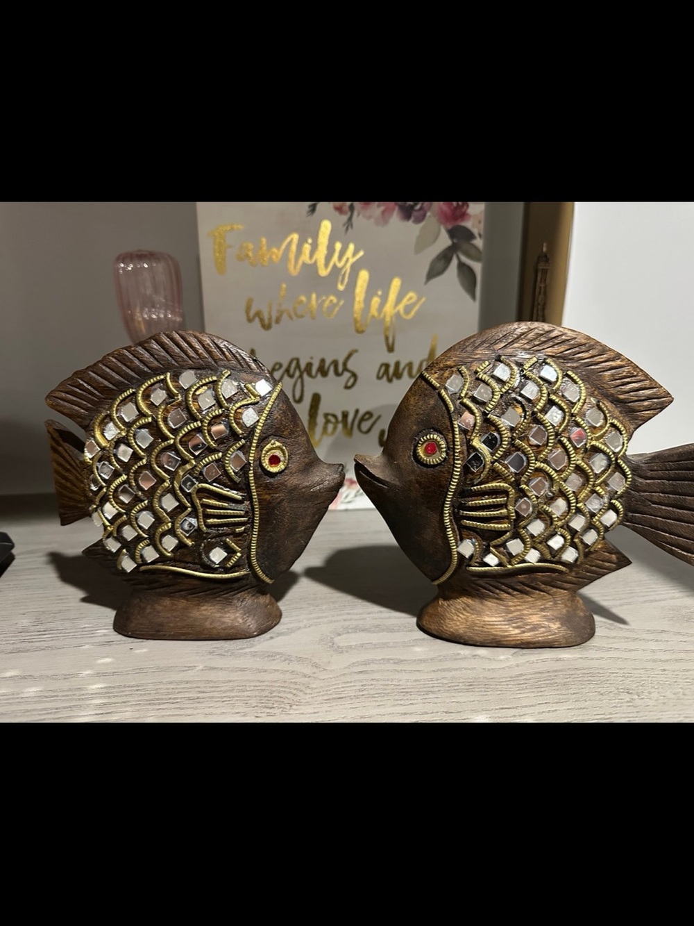 Pair of Hand-Carved Wooden Fish Sculptures – Mosaic Inlay Coastal Décor